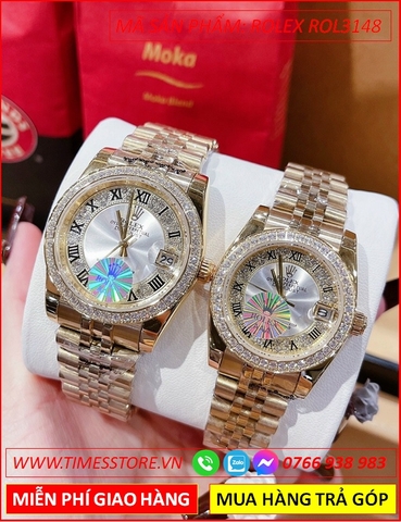 Đồng Hồ Cặp Đôi Rolex F1 Date Just Mặt Trắng Đính Đá Dây Vàng Gold (32mm-38mm)