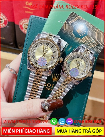 Đồng Hồ Cặp Đôi Rolex Date Just Mặt Vàng Niềng Khía Dây Demi (32mm-38mm)