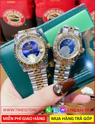 Đồng Hồ Cặp Đôi Rolex Date Just Mặt Xanh Niềng Khía Dây Demi (32mm-38mm)