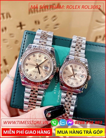 Đồng Hồ Cặp Đôi Rolex F1 Automatic Mặt Vàng Niềng Khía Dây Demi (32mm-41mm)