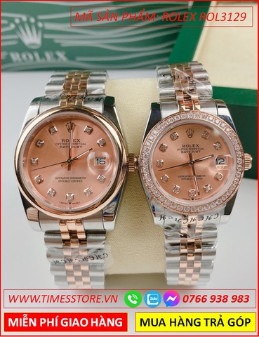 Đồng Hồ Cặp Đôi Rolex F1 Datejust Mặt Hồng Niềng Tròn Dây Demi (31mm-36mm)