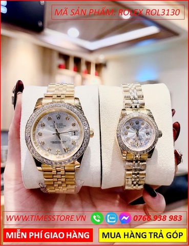 Đồng Hồ Cặp Đôi Rolex F1 Mặt Trắng Đính Đá Dây Full Vàng Gold (28mm-41mm)