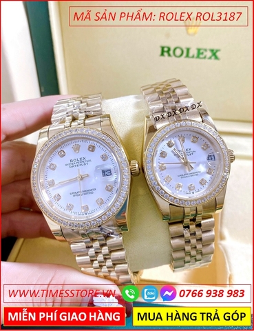 Đồng Hồ Cặp Đôi Rolex F1 Mặt Trắng Đính Đá Dây Vàng Gold (31mm-36mm)