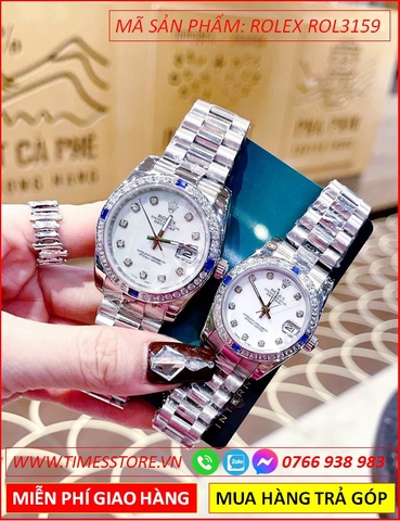 Đồng Hồ Cặp Đôi Rolex F1 Oyster Datejust Mặt Trắng Dây Kim Loại (32mm-36mm)