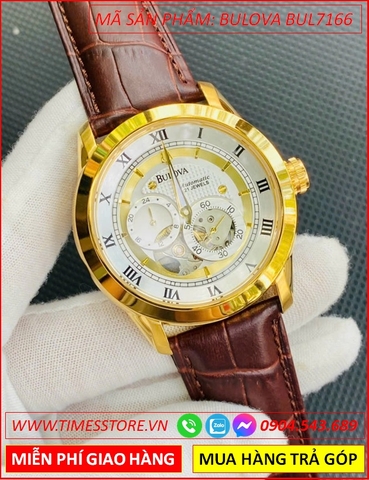 Đồng Hồ Nam Bulova Automatic Mặt Vàng Gold Lộ Máy Dây Da Nâu (41mm)