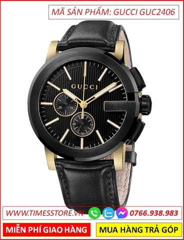 Đồng Hồ Nam Gucci Chrono Mặt Tròn Đen Vàng Gold Dây Da (42mm)