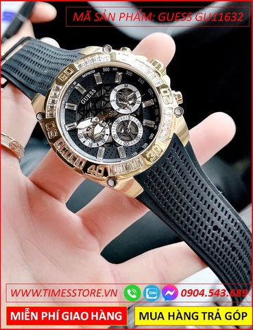 Đồng Hồ Nam Guess Tachymeter Chronograph Đính Đá Vàng Gold Dây Silicone (45mm)