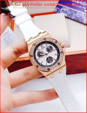 Đồng Hồ Nam Hanboro Mặt Tròn Đính Đá Rose Gold Dây Silicone Trắng (40mm)