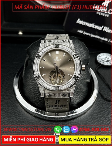 Đồng Hồ Nam Hublot F1 Automatic Đính Đá Lộ Máy Dây Da Bọc Silicone Xám (42mm)