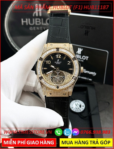 Đồng Hồ Nam Hublot F1 Automatic Mặt Đen Đính Đá Rose Gold Dây Da (42mm)