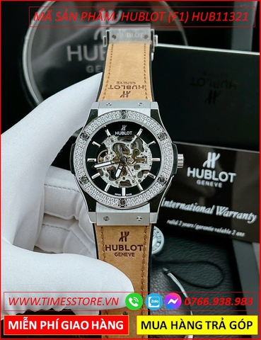 Đồng Hồ Nam Hublot F1 Automatic Mặt Đính Đá Lộ Cơ Dây Silicone Nâu (42mm)