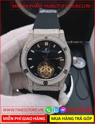 Đồng Hồ Nam Hublot F1 Automatic Mặt Đính Đá Lộ Máy Dây Silicone Đen (42mm)