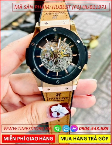 Đồng Hồ Nam Hublot F1 Automatic Mặt Tròn Đen Lộ Cơ Dây Da Nâu Bọc Silicone (42mm)