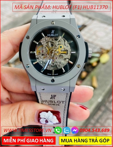 Đồng Hồ Nam Hublot F1 Automatic Mặt Tròn Lộ Cơ Dây Da Xám Bọc Silicone (42mm)