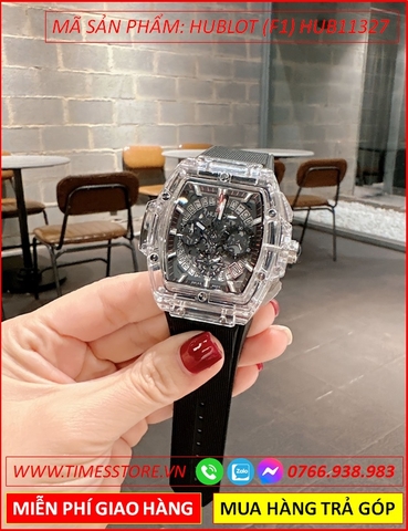 Đồng Hồ Nam Hublot F1 Mặt Chữ Nhật Trong Suốt Dây Silicone Đen (42mm)