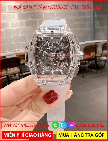 Đồng Hồ Nam Hublot F1 Mặt Chữ Nhật Trong Suốt Dây Silicone Trắng (42mm)