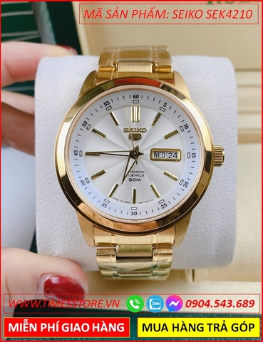 Đồng Hồ Nam Seiko Automatic Mặt Tròn Trắng Dây Kim Loại Vàng Gold (42mm)