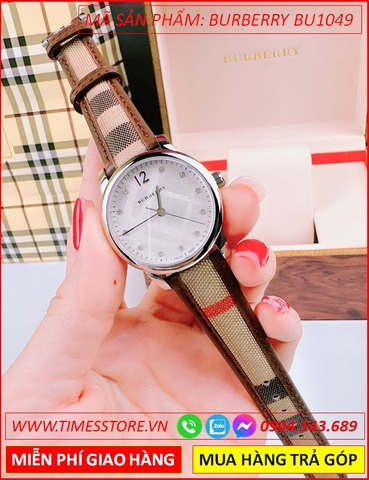 Đồng Hồ Nữ Burberry Mặt Tròn Trắng Dây Da Caro Nâu (32mm)