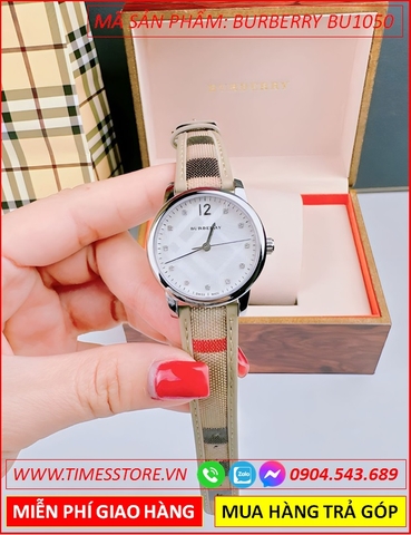 Đồng Hồ Nữ Burberry Mặt Tròn Trắng Dây Da Caro Nude (32mm)