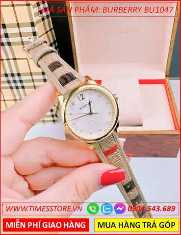 Đồng Hồ Nữ Burberry Mặt Tròn Trắng Dây Da Caro Nude (32mm)