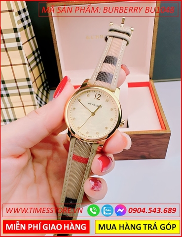 Đồng Hồ Nữ Burberry Mặt Tròn Vàng Gold Dây Da Caro Nude (32mm)