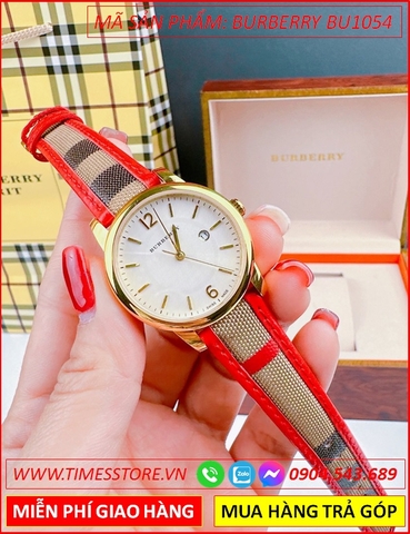 Đồng Hồ Nữ Burberry The Classic Mặt Tròn Vàng Gold Dây Da Caro Đỏ (32mm)