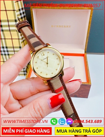 Đồng Hồ Nữ Burberry The Classic Mặt Tròn Vàng Gold Dây Da Caro Nâu (32mm)