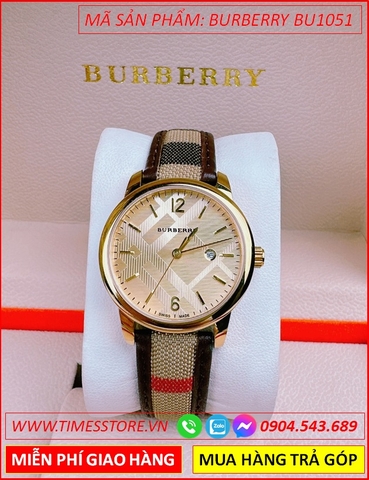 Đồng Hồ Nữ Burberry The Classic Mặt Tròn Vàng Gold Dây Da Caro Nâu (32mm)