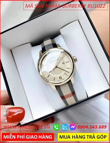 Đồng Hồ Nữ Burberry The Classic Mặt Tròn Vàng Gold Dây Da Sọc (32mm)