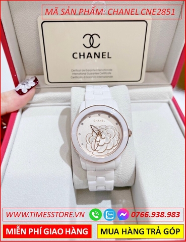 Đồng Hồ Nữ Chanel Mặt Hoa 3D Vàng Gold Dây Ceramica Trắng (33mm)