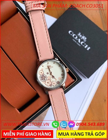 Đồng Hồ Nữ Coach Mặt Tròn Hoa Dây Da Hồng (28mm)