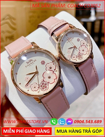 Đồng Hồ Nữ Coach Mặt Tròn Hoa Vàng Gold Dây Da Hồng (28mm-32mm)