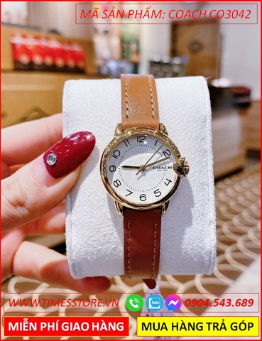 Đồng Hồ Nữ Coach Mặt Tròn Trắng Vàng Gold Dây Da Bò (28mm)