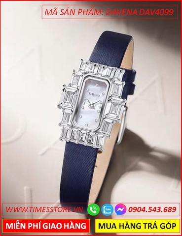 Đồng Hồ Nữ Davena Mặt Chữ Nhật Đính Pha Lê Swarovski Dây Lụa Xanh (26mm)