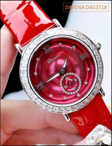 Đồng hồ Nữ Davena Mặt Đỏ Dây Da Đỏ đính Full đá Swarovski (36mm)