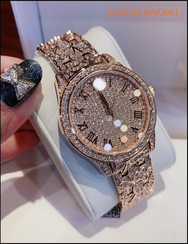 Đồng hồ Nữ Davena Rose Gold Full Swarovski mặt số La Mã (34mm)