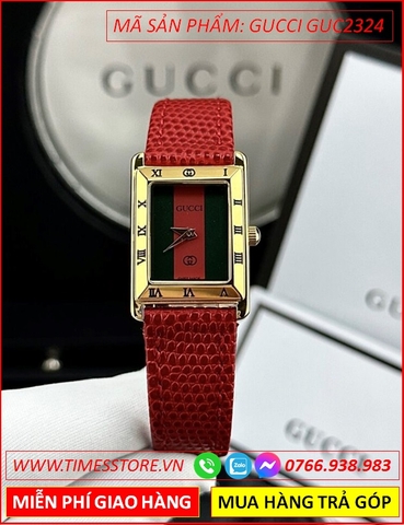 Đồng Hồ Nữ Gucci G Frame Mặt Chữ Nhật Vàng Gold Dây Da Đỏ (24x21mm)