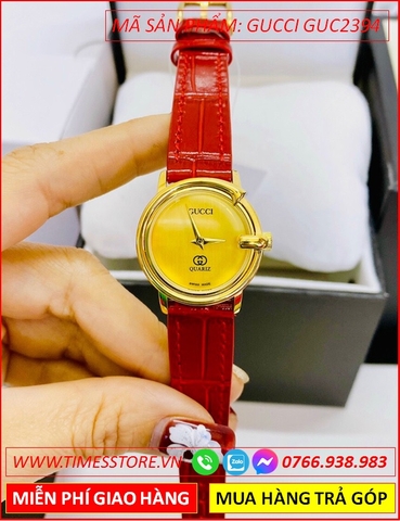 Đồng Hồ Nữ Gucci Mặt Tròn Vàng Gold Dây Da Đỏ (26mm)