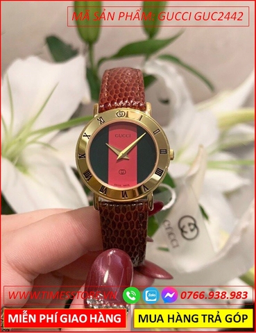 Đồng Hồ Nữ Gucci Mặt Tròn Xanh Đỏ Dây Da Nâu (26mm)