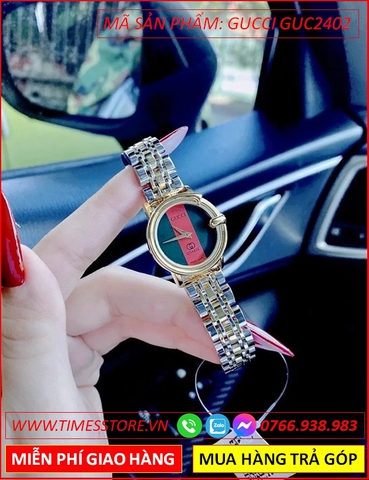 Đồng Hồ Nữ Gucci Mặt Tròn Xanh Đỏ Dây Kim Loại Demi (26mm)