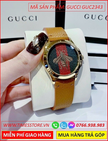 Đồng Hồ Nữ Gucci Unisex Mặt Con Ong Dây Da Nâu Vàng (38mm)