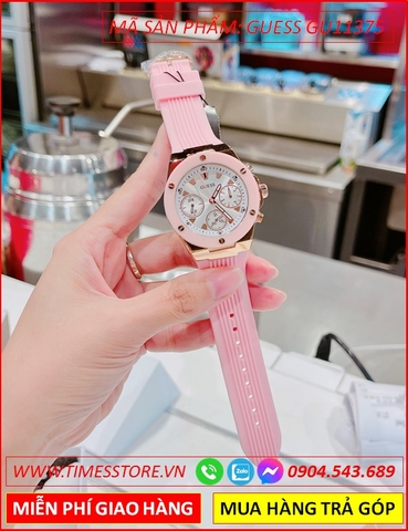 Đồng Hồ Nữ Guess Athena Mặt Tròn Dây Cao Su Hồng (38mm)