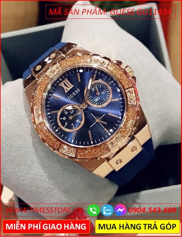 Đồng Hồ Nữ Guess Luxury Mặt Đính Đá Rose Gold Dây Cao Su Xanh (39mm)