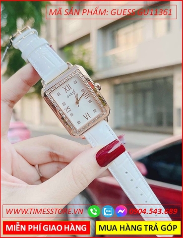 Đồng Hồ Nữ Guess Mặt Chữ Nhật Rose Gold Đính Đá Dây Da Trắng (26x32mm)