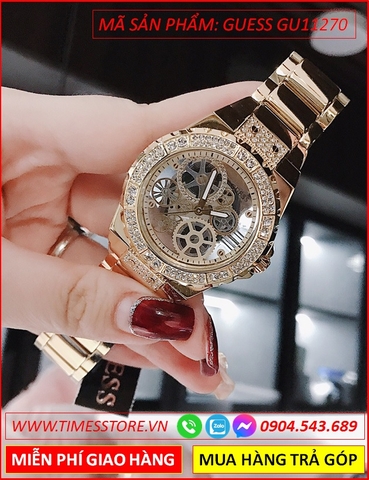 Đồng hồ Nữ Guess Vàng Full Gold Luxury Mặt Tròn Lộ Máy Cơ (39mm)