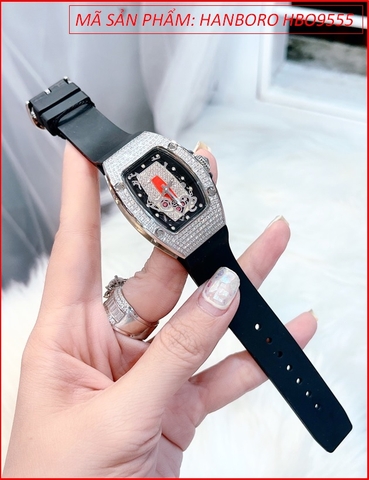 Đồng Hồ Hanboro Nữ Chữ LOVE Mặt Oval Full Đá Swarovski Silicone (36mm)