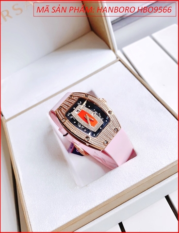 Đồng Hồ Nữ Hanboro Mặt Oval Full Đá Rose Gold Dây Silicone Hồng (36mm)