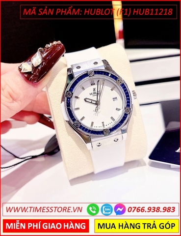 Đồng hồ Nữ Hublot F1 Geneve Mặt Đính Đá Xanh Dây Silicone Trắng (34mm)