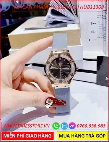 Đồng hồ Nữ Hublot F1 Mặt Tròn Rose Gold Đính Đá Dây Silicone Xám (34mm)