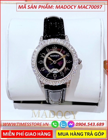 Đồng Hồ Nữ Madocy Mặt Tròn Đen Đính Đá Swarovski Dây Da (34mm)